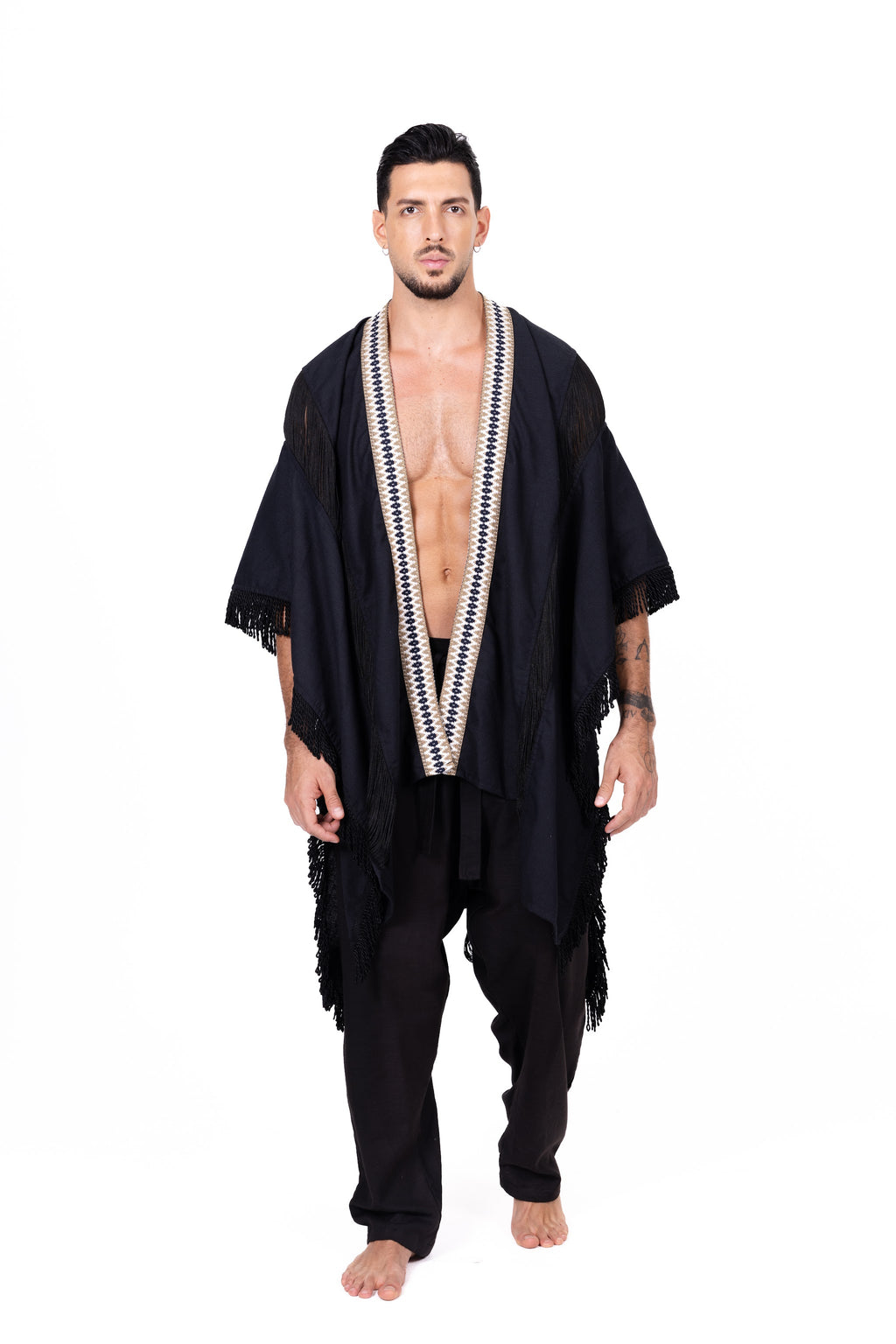 Kimono negro con flecos y ribete bordado Anaia, foto 3