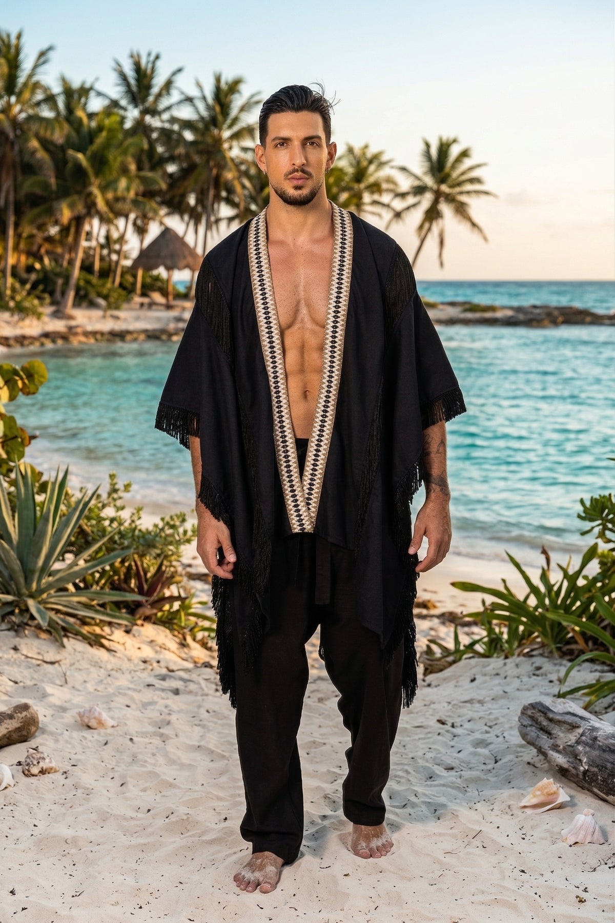 Kimono negro con flecos y ribete bordado Anaia, foto 5
